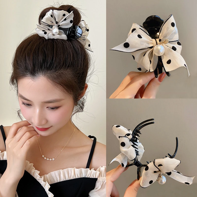 

Female Back Head Grab Clip Korean Bow Pearl Hairpin Hair Claws Temperament Shark Clip Women Girls Headwear