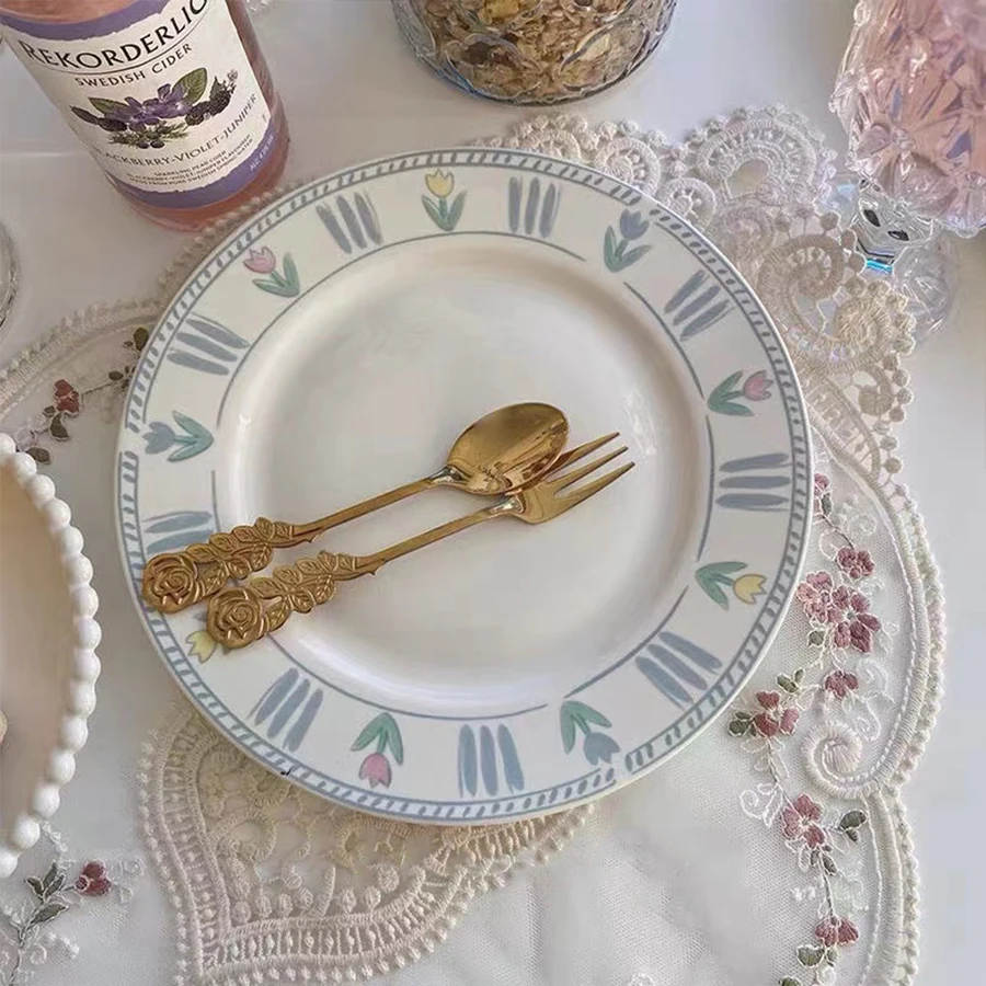 1pc Korean minimalist niche blue tulip bone China dinner plate French retro home ceramic flower breakfast main dish 1pc Korean minimalist niche blue tulip bone China dinner plate French retro home ceramic flower breakfast main dish