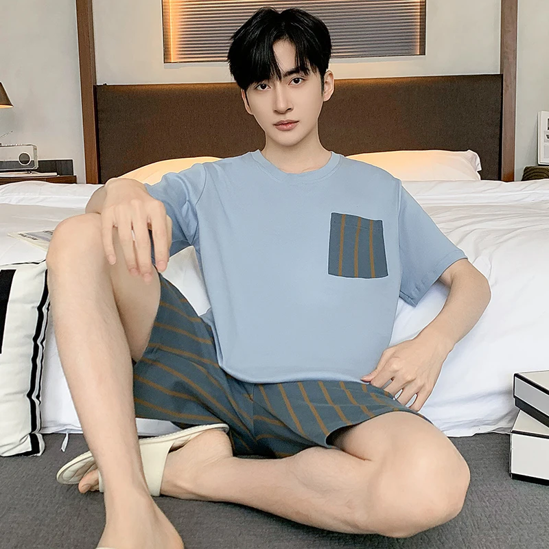 2024 Modal pajamas men's summer suit short sleeved shorts summer ice feeling youth men's home clothing can be worn externally