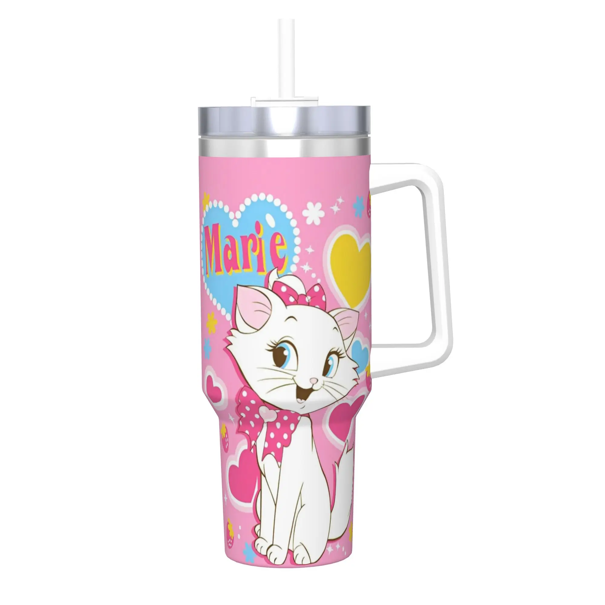 Stainless Steel Aristocats Marie Cat Tumbler with Straw - Large Capacity Thermal Mug