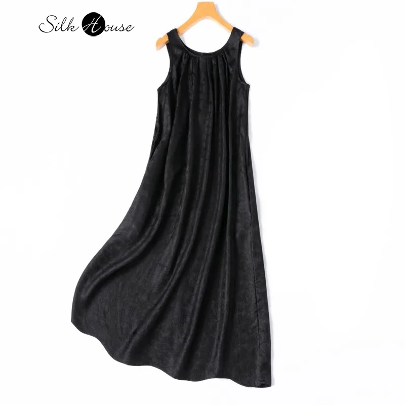 

Luxury Quality 100% Natural Mulberry Silk Gambiered Guangdong Gauze Black Rose Jacquard Women's Fashionable Summer Vest Dress