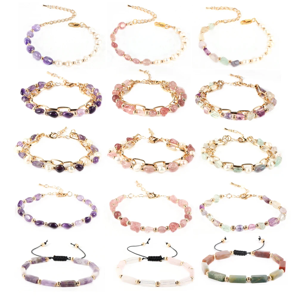 

41 Style Healing Crystal Natural Stone Beads Bracelet For Women Citrine Double-layer Gemstone Bracelets Adjustable Pearl Bangles