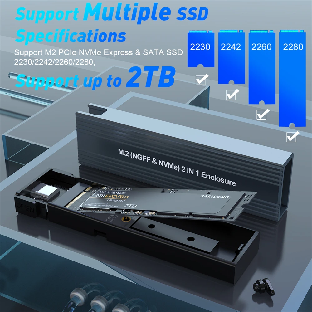 Boîtier de disque dur Amdohai M.2 NVME/SATA Transmission haute vitesse 10  Gbit/s à double protocole avec OTG pour SSD M.2 
