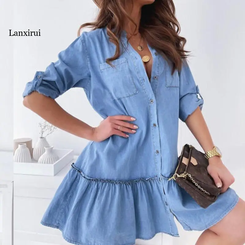 

Shirt Dress Summer Casual Denim Dress for Womens Stitching Ruffled Hem Dresses Indie Fashion A-Line Solid Vestidos Oversize New