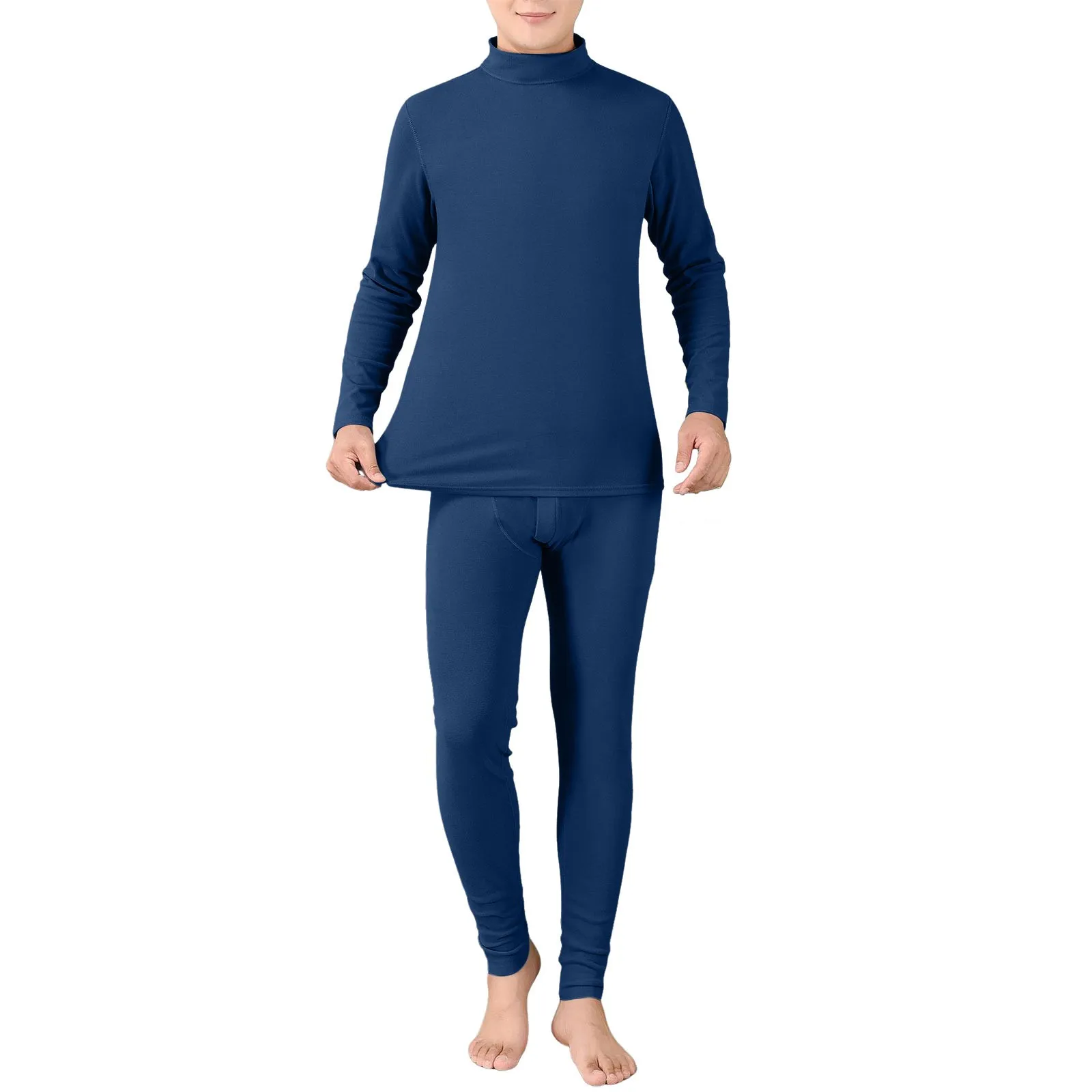 Mens Solid Color Elastic Underwear Set Autumn Winter Thick Soft Thermal Pajamas Crewneck Long Sleeve Pullover Fit Slim Pant Male