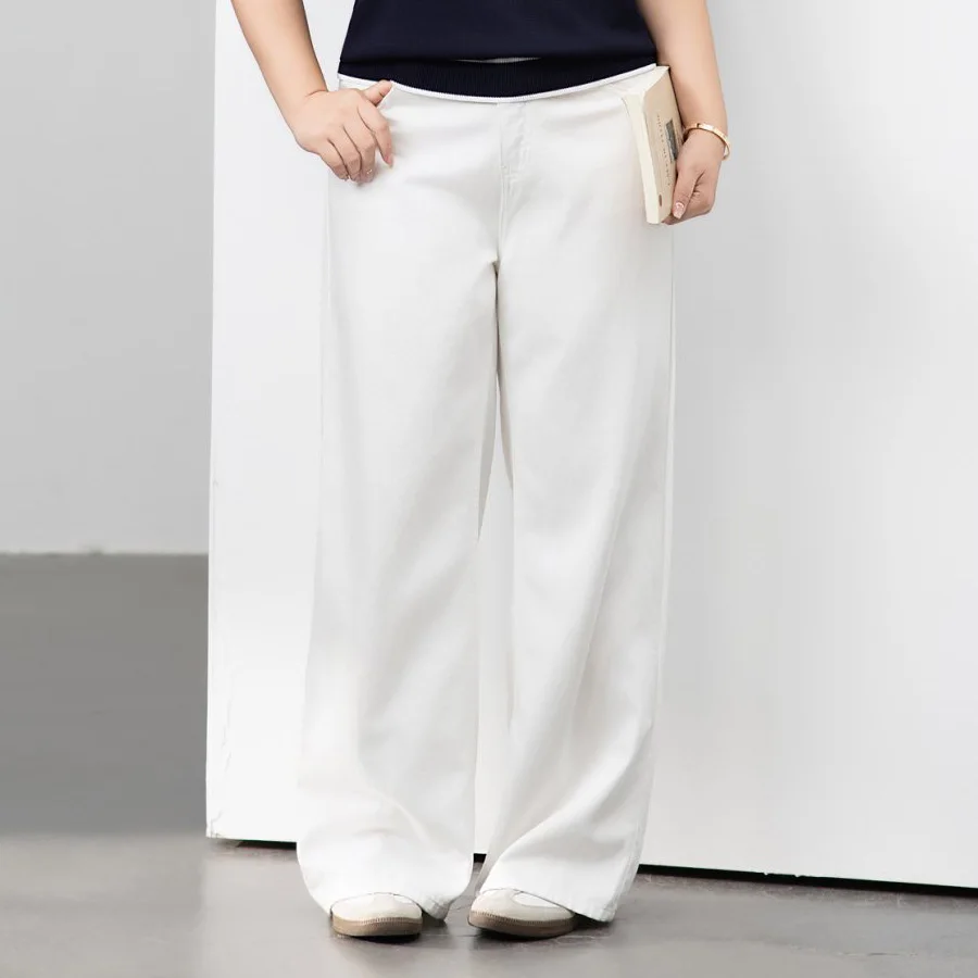 Jean en lyocell taille haute coupe large pour femme, taille plus, blanc fin, décontracté, pour le quotidien, collection automne 2026, référence 9144