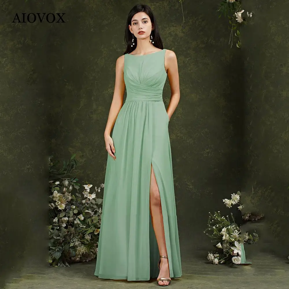 AIOVOX-Vestidos de dama de honra formais, Chiffon simples, A-Line, mangas vestido verde para casamento, até o chão, Robes Longos