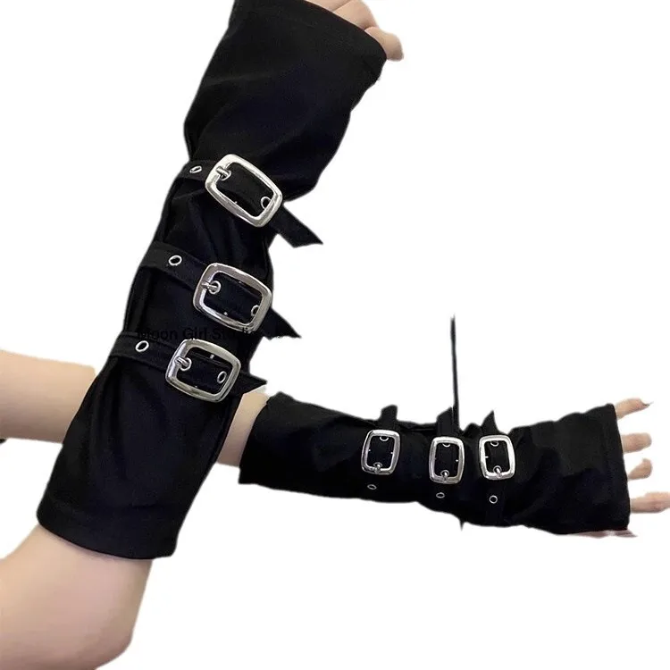 Autumn and winter night teaching room sleeves for women, black half cut open finger gloves, metal buckle, dark punk sun