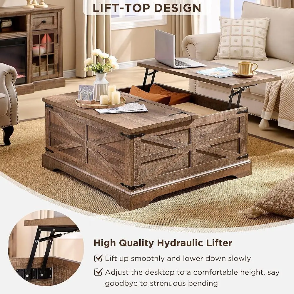 Farmhouse Lift Top Coffee Table with Storage Rustic Square Center Table Hidden Compartment Easy Assembly Durable Wood Design 4