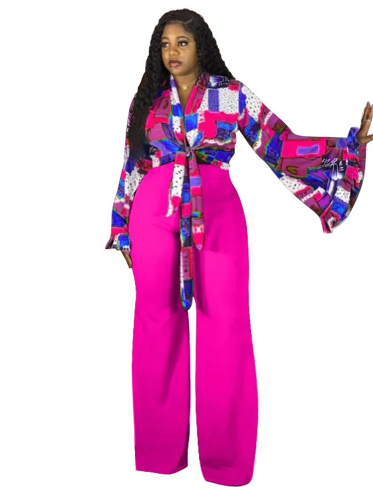 Wmstar Plus Size Two Piece Sets Wholesale Long Sleeve Print Top and Wide Leg Pants Matching Suit Fall Clothing Dropshopping