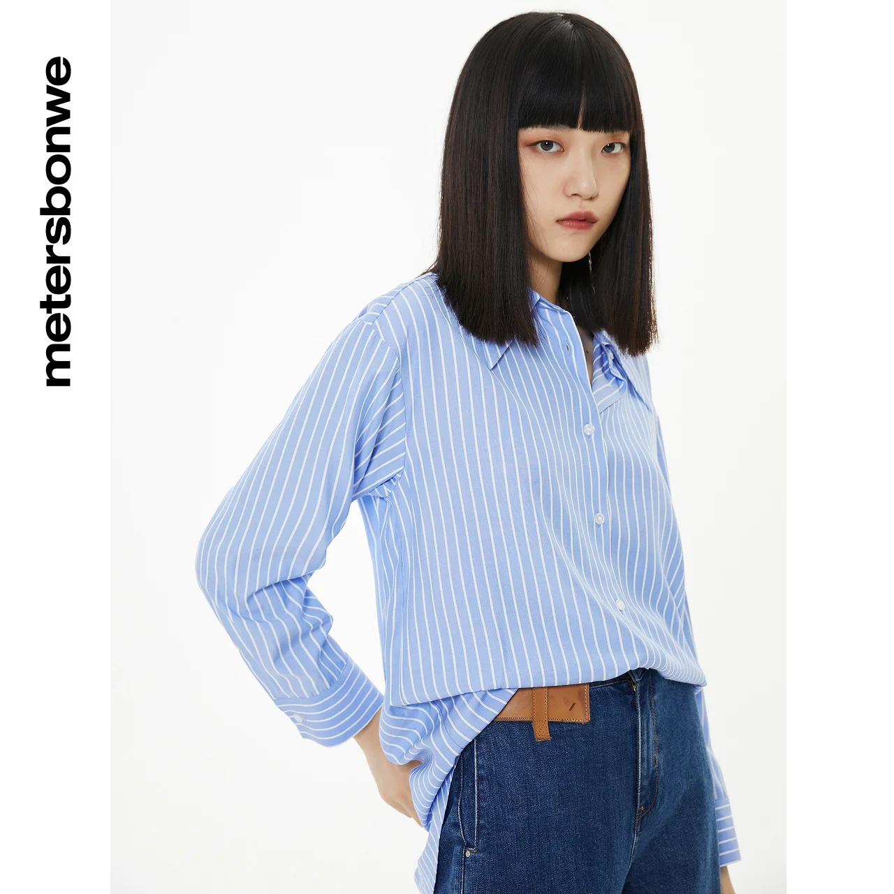 Metersbonwe Stripe Blouses Women Autumn White Loose Casual Cotton Shirt Loose Leisure Tops Sunscreen Shirts Brand Tops