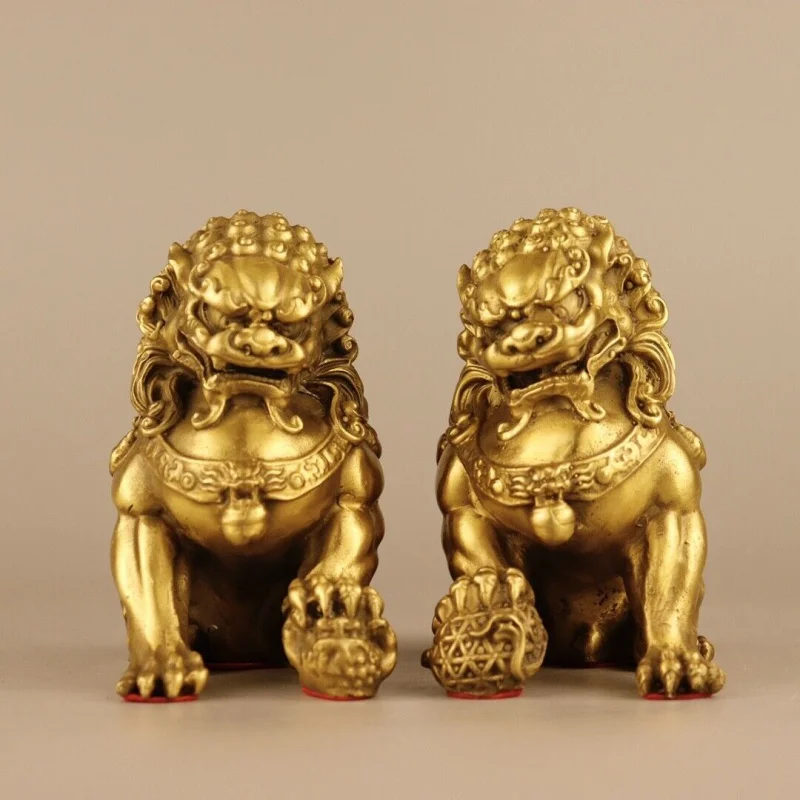 

Collectables Brass copper Lion Fengshui Door Lions Fu Foo Dogs Pair Statue