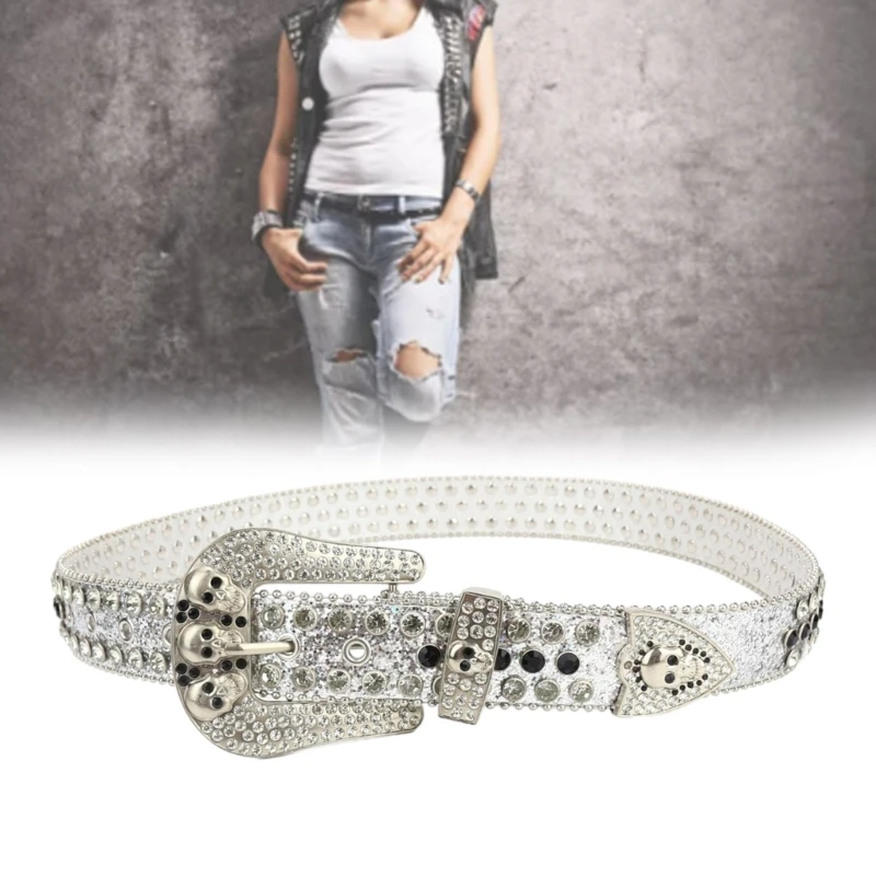 

Пояс в стиле Харадзюку, блестящие ремни с пряжкой из стразов для женщин и мужчин, декор в виде черепа со стразами, поясной для
