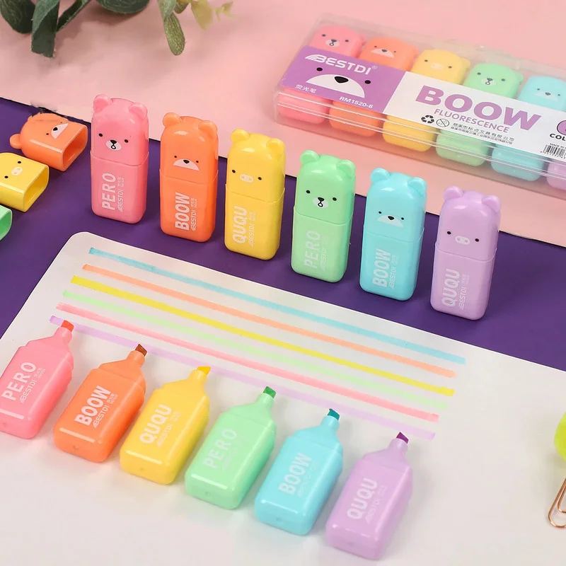 Cute Mini Bear Fluorescent Pen Plastic Kawaii Small Highlighter Painting Art Marker Student Stationery Color Marker Pens Fashion. 