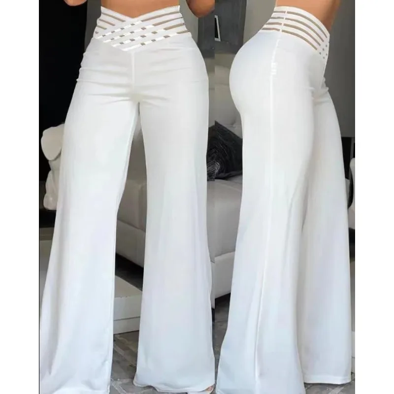 

Women's Hollow Out Elegant Texture Flared Pants Temperament of Commuting Fashion Woman High Waist Casual Wide Leg Trousers