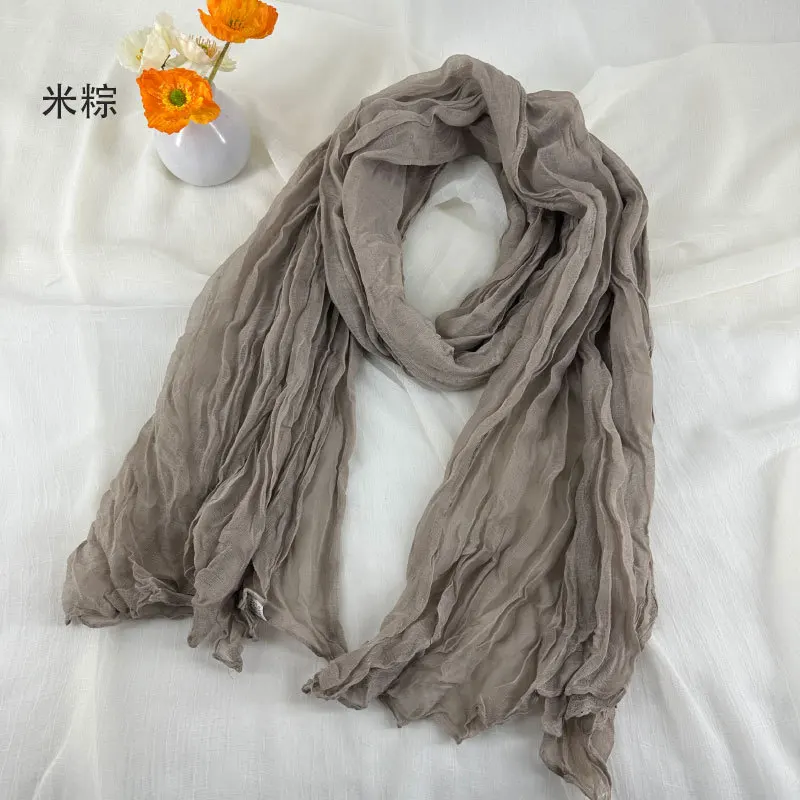 Women Soft Breathable Cotton and Linen Scarves Solid Color Pleated Scarf Retro Bohemian Style Long Wraps 180*90cm Multi Color - 4