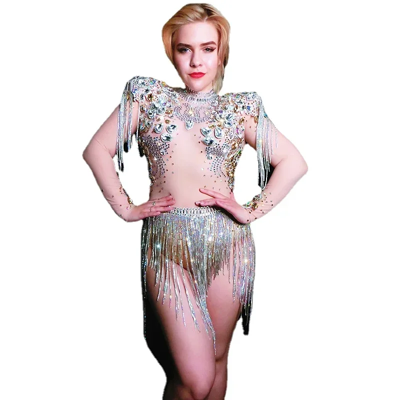 

Shining Big Crystals Mesh Sexy Bodysuit Sparkly Rhinestones Chains Fringes Outfit Nightclub Party Wear See Through Costume