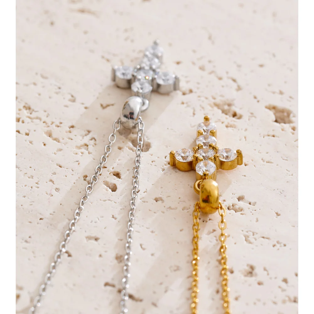 Yhpup CNC Cubic Zirconia Cross Pendant Necklace