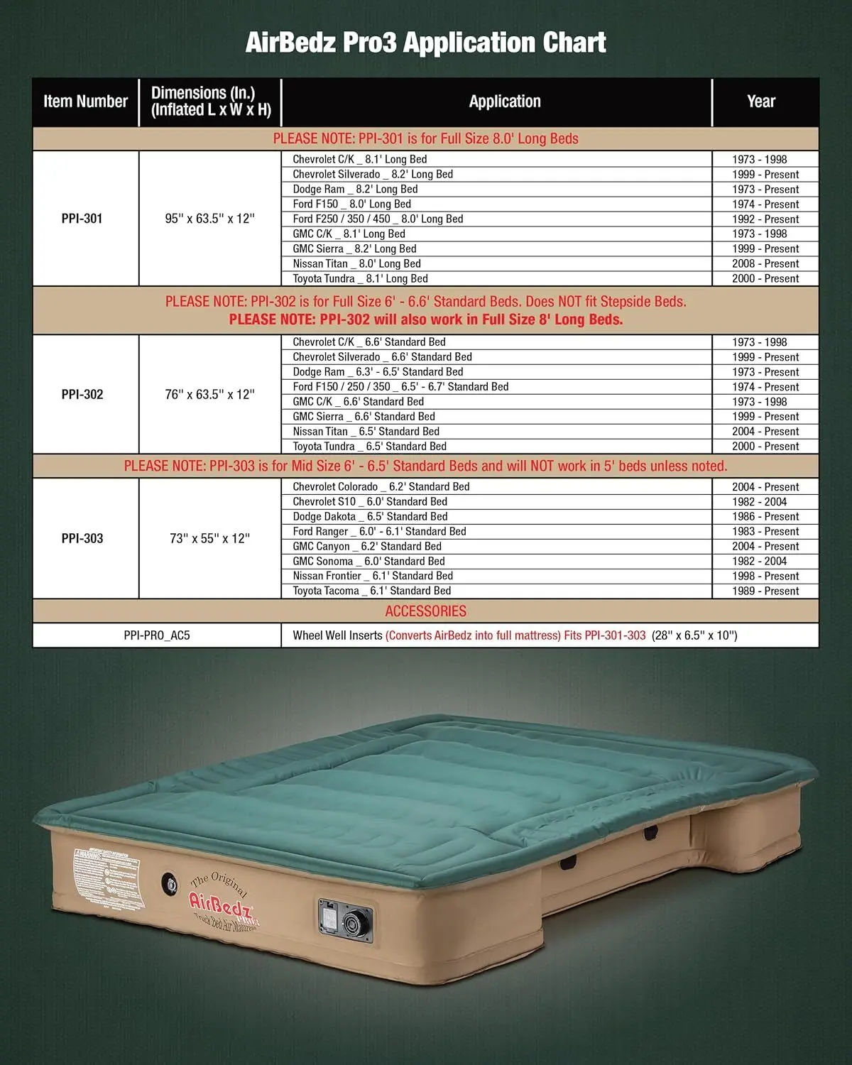 6ft-Pro3 Series-The Original Airbedz Truck Bed Air Mattress 6.5 Bed