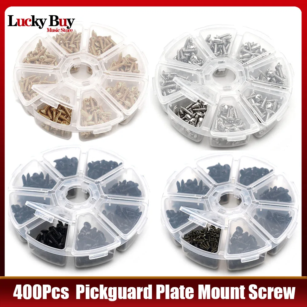 400pcs Electric Guitar Pickguard Plate Mount Screw Size 3 x 12mm Color Black/Chrome with Storage Box Luthier Tool