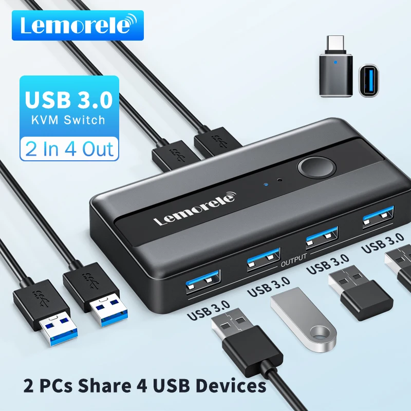 Lemorele-Adaptador de interruptor USB KVM, estación de acoplamiento, concentrador USB 3,0, 4 puertos tipo C, datos de alta velocidad, 2 entradas, 4 salidas