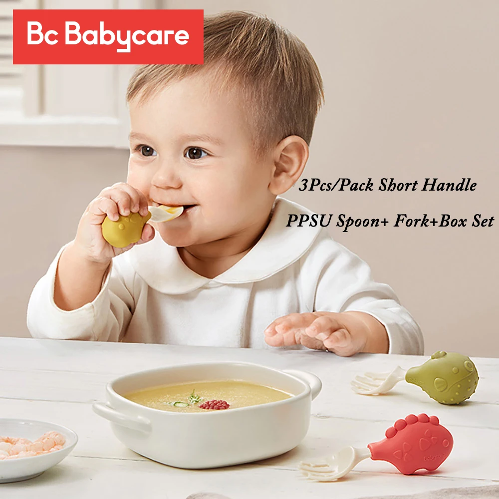 BC Babycare 3Pcs/Pack Short Handle PPSU Spoon+ Fork+Box Set Infant Anti-slip Feeding Training Utensils Cute Animal Tableware