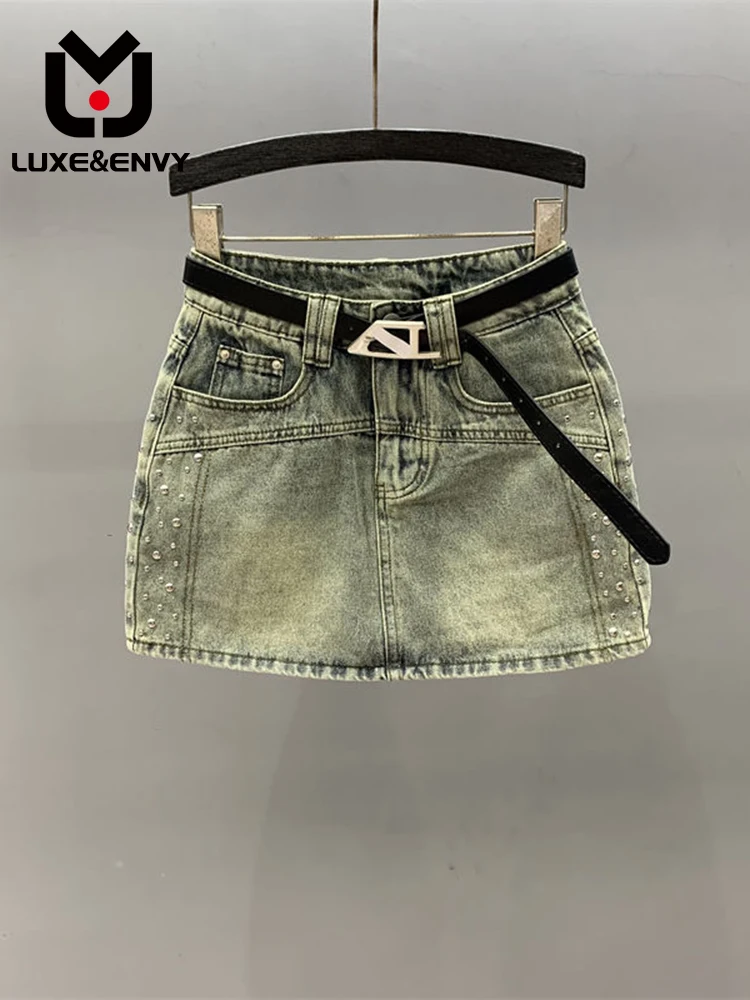 

LUXE&ENVY Blue Denim Skirt Women 2023 Summer Rivet High Waist Slim Spice Girl A-line Hip Wrap Skirt Pants