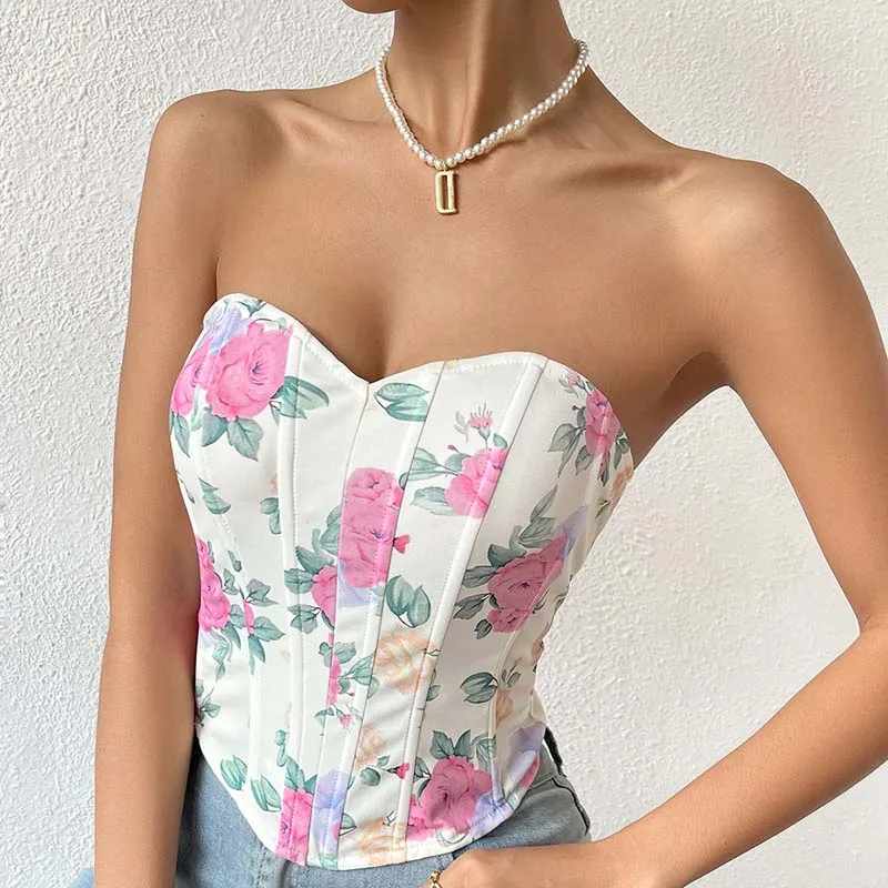 

Sexy Low Cut Vintage Flower Wrapped Chest Top Women Fashion Summer New Backless Fishbone Wrap Chest Short Top Vest Sleevele Tees