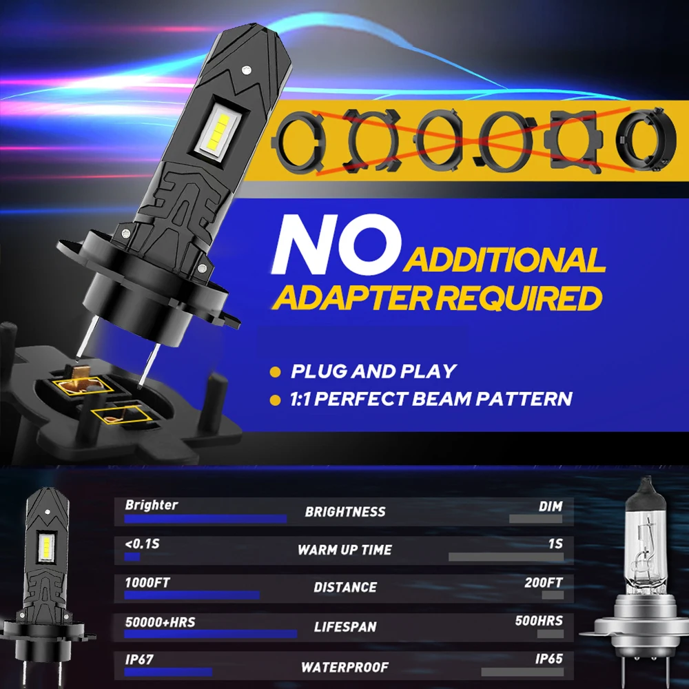 H7 LED 200W High Power H7 Socket LED Car Headlight Turbo Bulb 6000K 60000LM CSP Chip Mini Led Light Plug & Play 2Pcs