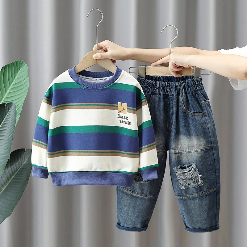 

Boy 2-10Years Fashion Cool Boy Clothing Set Children Stripes Sweatshirts+Jears 2pcs Suits Spring Autumn Teen Boy Sporty Outfits