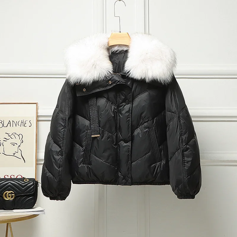Short White Duck Down Jacket Women 2023 Fashion Fox Fur Collar Winter Coats Fresh Sweet Clothes Raglan Sleeves Thick Tops Coffee