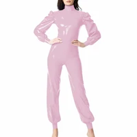 Plus Size PVC Hight Street Romper Fashion High Neck Back Zipper Long Jumpsuit Women Puff Long Sleeve Solid Color Party Playsuit - Image 4