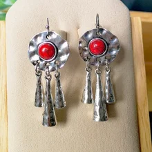 

2022 Bohemian Retro National Style Inlaid Red Stone Hanging Pendant Earrings Simple Spectrum Elegant Jewelry