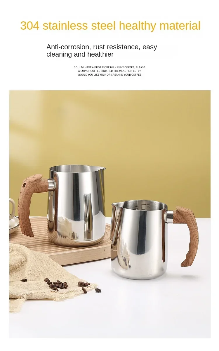 Description Picture 4 of item600/900ML Milk Frothing Pitcher with Precise Scale Wooden Handle Dripless Spout Stainless Steel Latte Coffee Cup Coffeeware