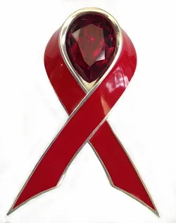 

2.5 Inch White Gold Tone Red Enamel and Crystal The Red Ribbon Bow Brooch World Aids Day Signal