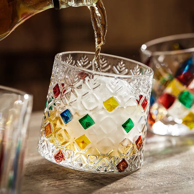 Rotating Crystal Whiskey Glasses With Wooden Coaster Tray Colored Glass Cup High Appearance Colored Stress Relief Glass Cup