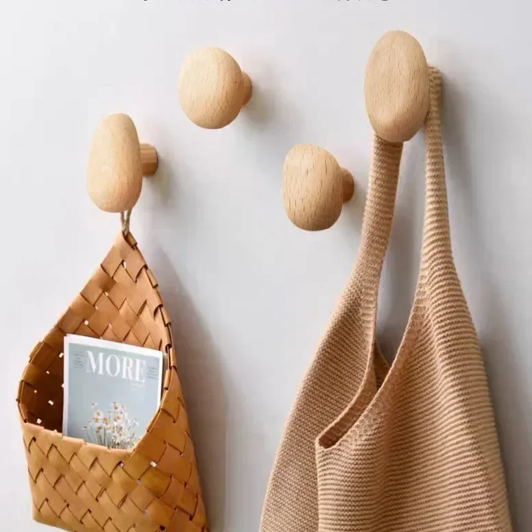 Solid Wood Handle Clothes Hook Coat Hook Wall-mounted Punch-free Door Clothes Hanger Pebble Shape Cabinet Door Kitchen Organizer 3