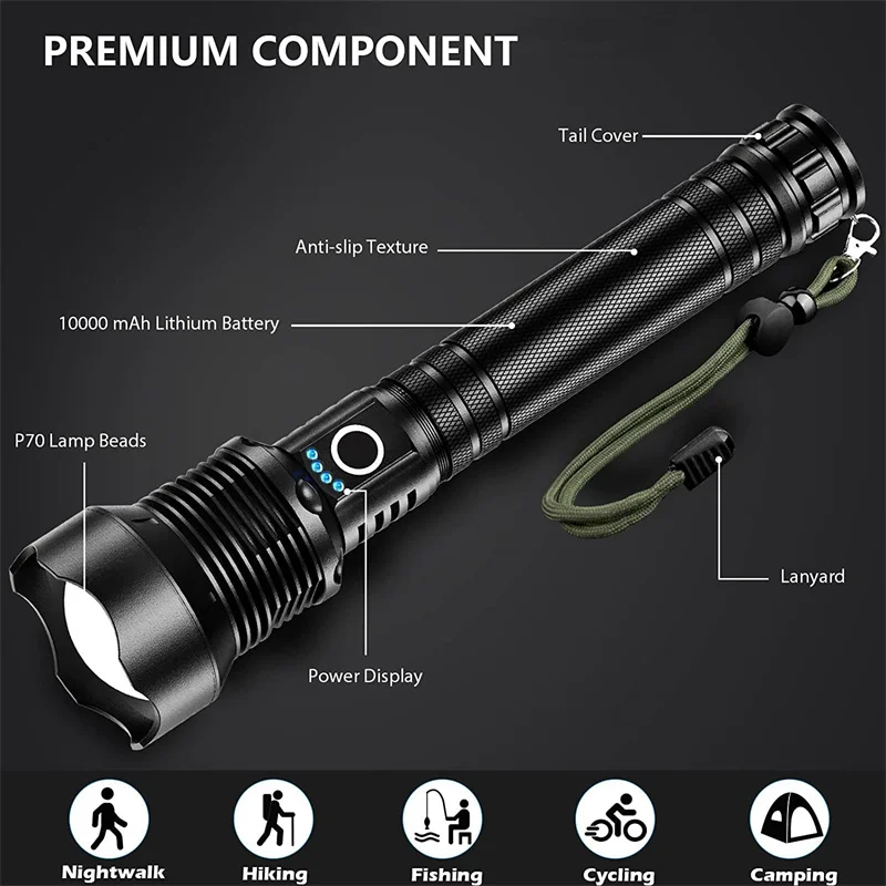 Zoom-Lampe de poche LED P70 étanche pour batterie aste, charge