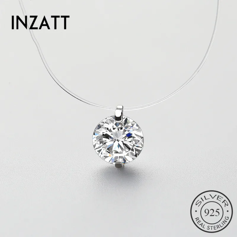 Silver Pendant Necklace INZATT 925 Sterling Silver Zircon Crystal Pearl Pendant Choker Necklace Transparent Fishing Line For Women