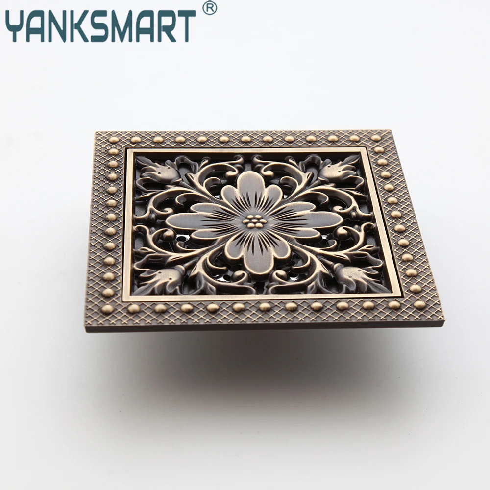

YANKSMART Antique Brass 150mm*150mm Floor Drain Bathroom Household Art Carved Flower Floor Drain Shower Square Drain Strainer