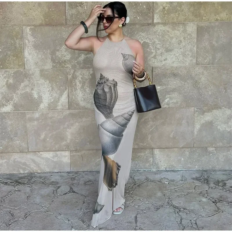 Vestidos largos de tul con espalda descubierta y estampados para mujer, vestidos de fiesta sin mangas con cuello halter y cordones, moda 2025, batas ajustadas para vacaciones en la playa.