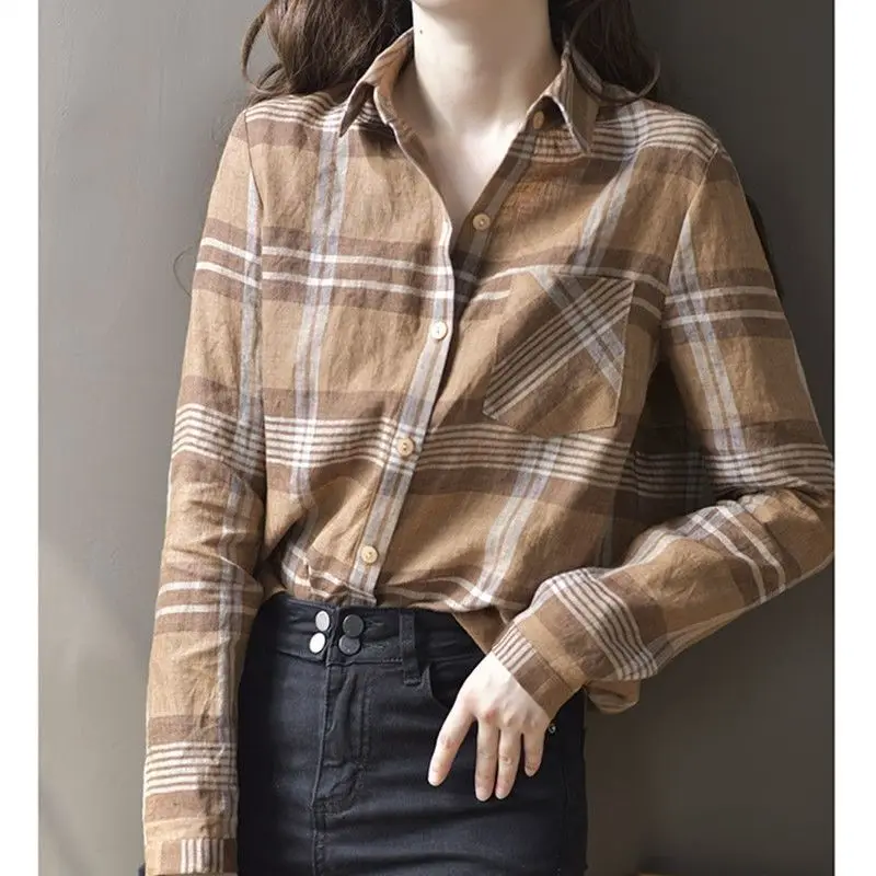 Plaid Shirt Tops Women's Long Sleeve Spring Autumn New Polo Neck Button Patchwork Loose Blouse Casual Vintage Women Clothing