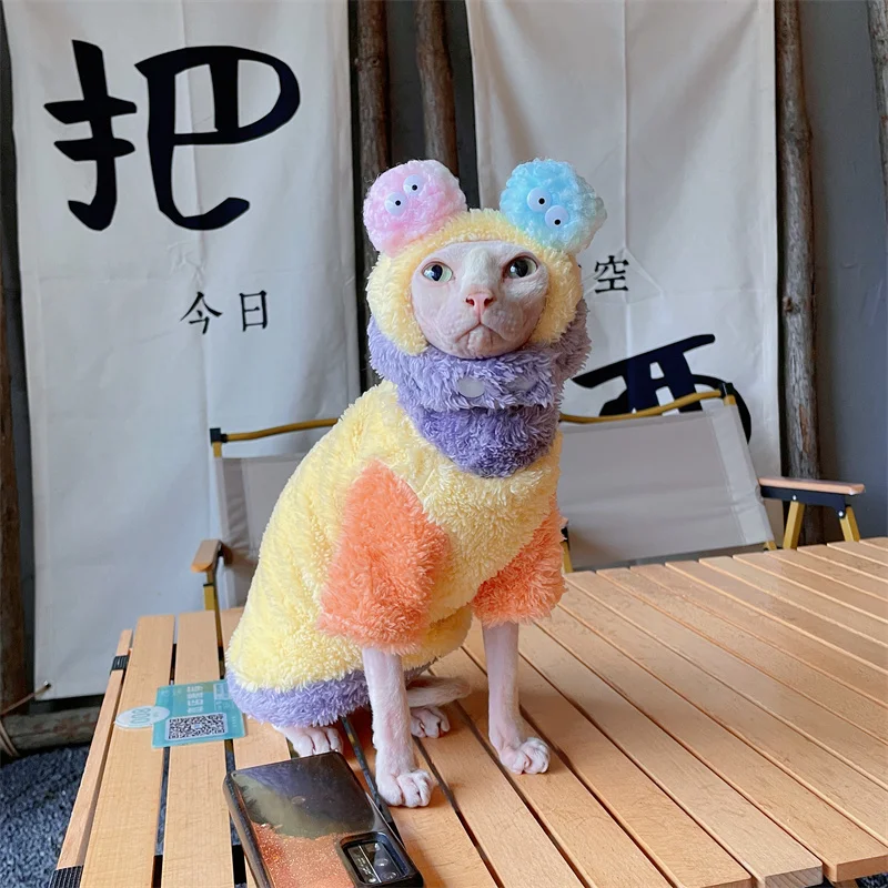 Cat Clothing Soft Winter Sweater for Sphnx Cat Warm Plush Loungewear for Kittens Cute Long Sleeves Coat Hat Suit for Devon Rex