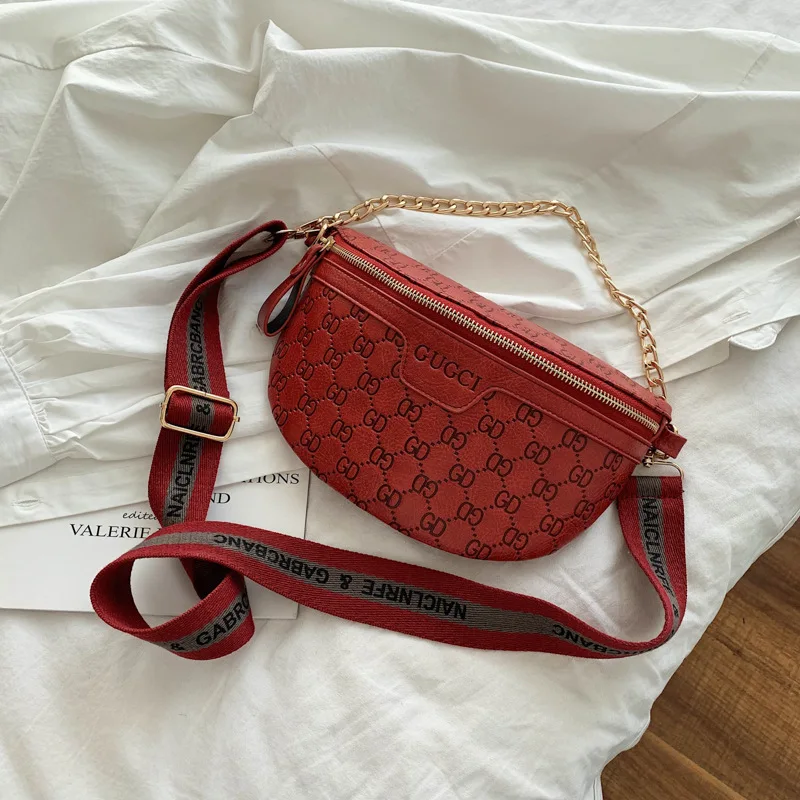 Fashion Simple Women's Waist Bag Chain Shoulder Crossbody Bag Hundred Ladies Chest Letters Printing PU Material pu crossbody bag