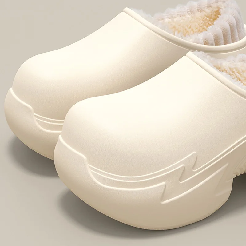 Waterproof Chunky Platform Cotton Slippers Women Lightweight Eva Thick Sole Plush Slides Woman Outdoor Warm Fleece Lining Slides
