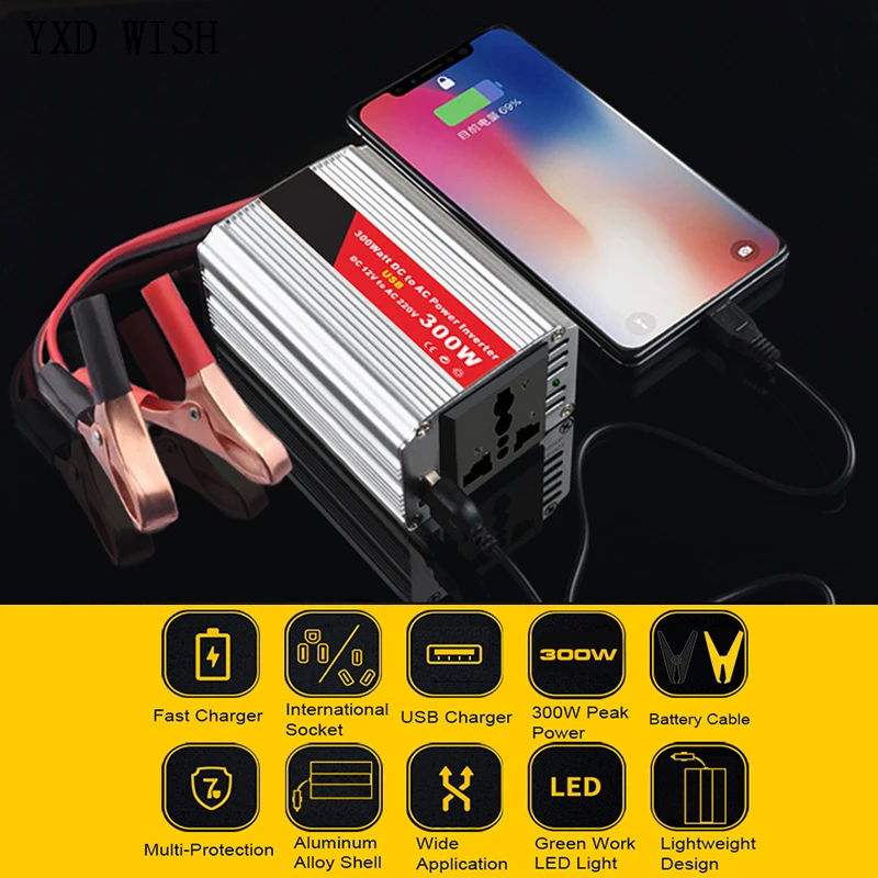 Inversor corriente para coche, convertidor de 150W, 200W, adaptador de CC 12V a CA 110V 220V Clip de batería para electrodomésticos, cargador de coche| | - AliExpress