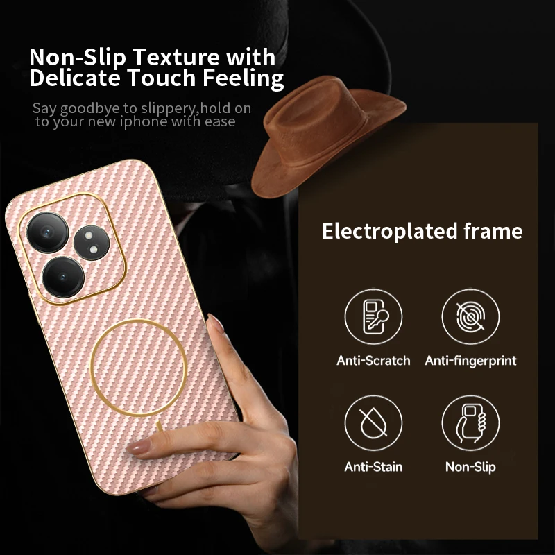 Premium Electroplating Leather Carbon Fiber Magnetic Ring Phone Case - Anti-Fall Protection