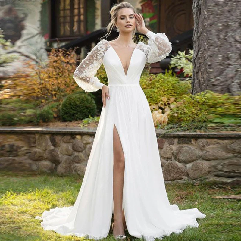 

Сексуальное свадебное платье с глубоким V-образным вырезом, свадебное платье с длинными рукавами-фонариками, свадебное платье с 3D цветами, Кружевная аппликация, женское платье