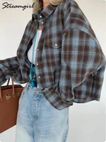 Streamgirl Oversized Plaid Shirt Women 2026 Spring Loose Vintage Long Shirts Full Sleeve Women Plaid Brown Oversized Shirt Blue