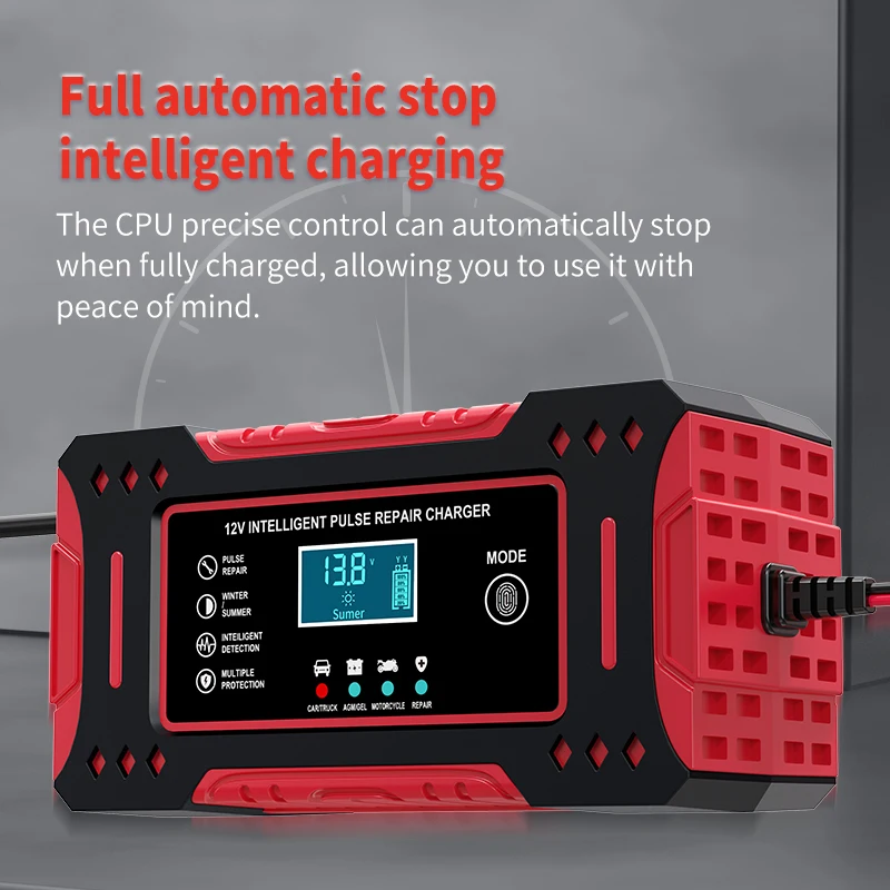 Intelligent 12V Battery Charger with LCD Display for Car and Motorcycle Maintenance